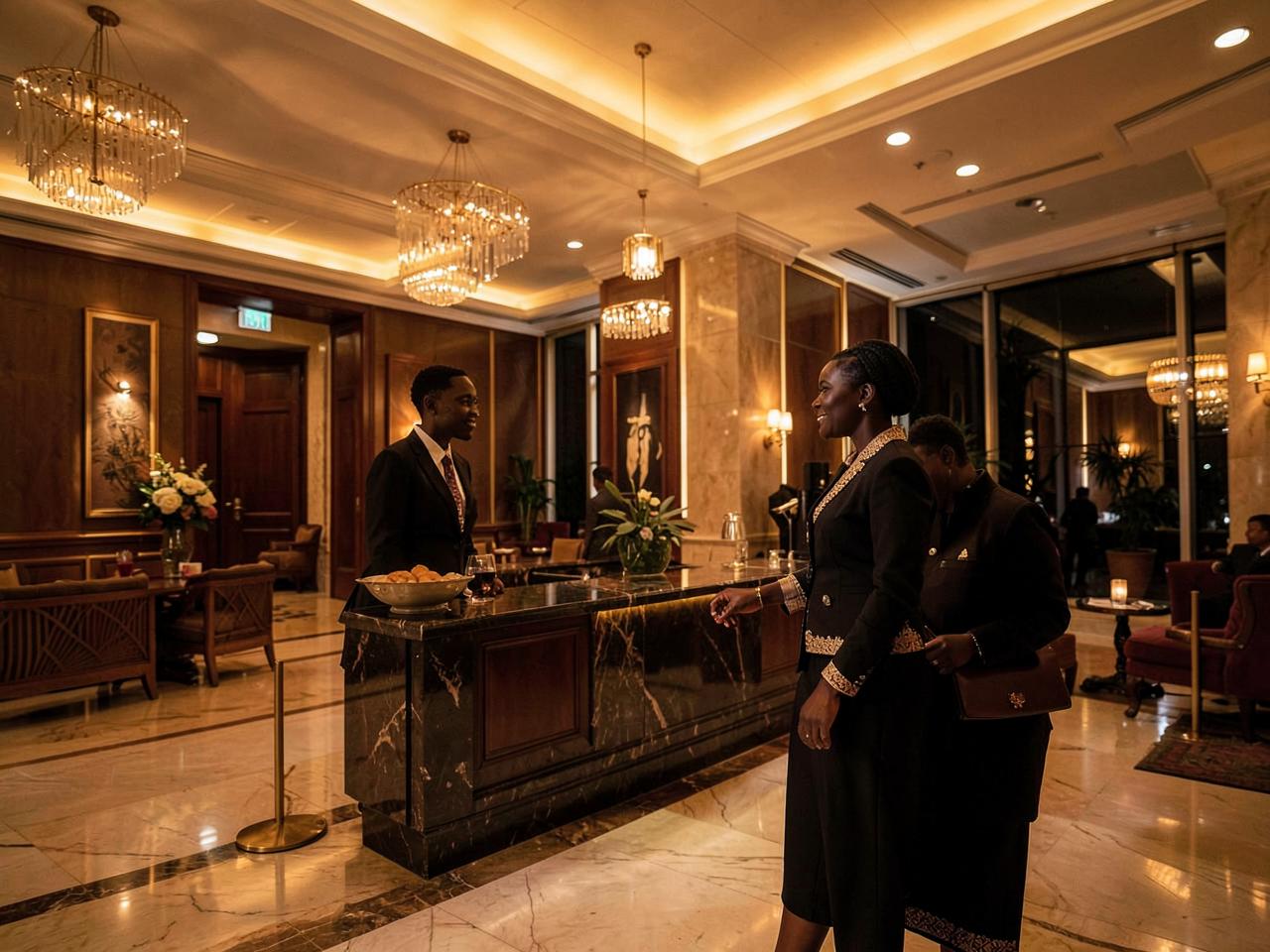 Modern hotel reception with warm lighting